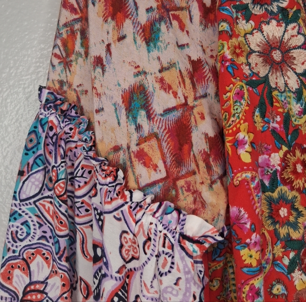 Savanna Jane Mixed Print Floral Embroidered Blouse Ruffle Tie Neck Boho L - Picture 10 of 16